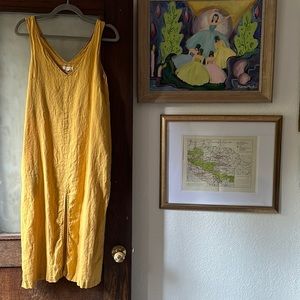 Whimsy + Row mustard linen midi dress, high front slit, pockets (!!), size small